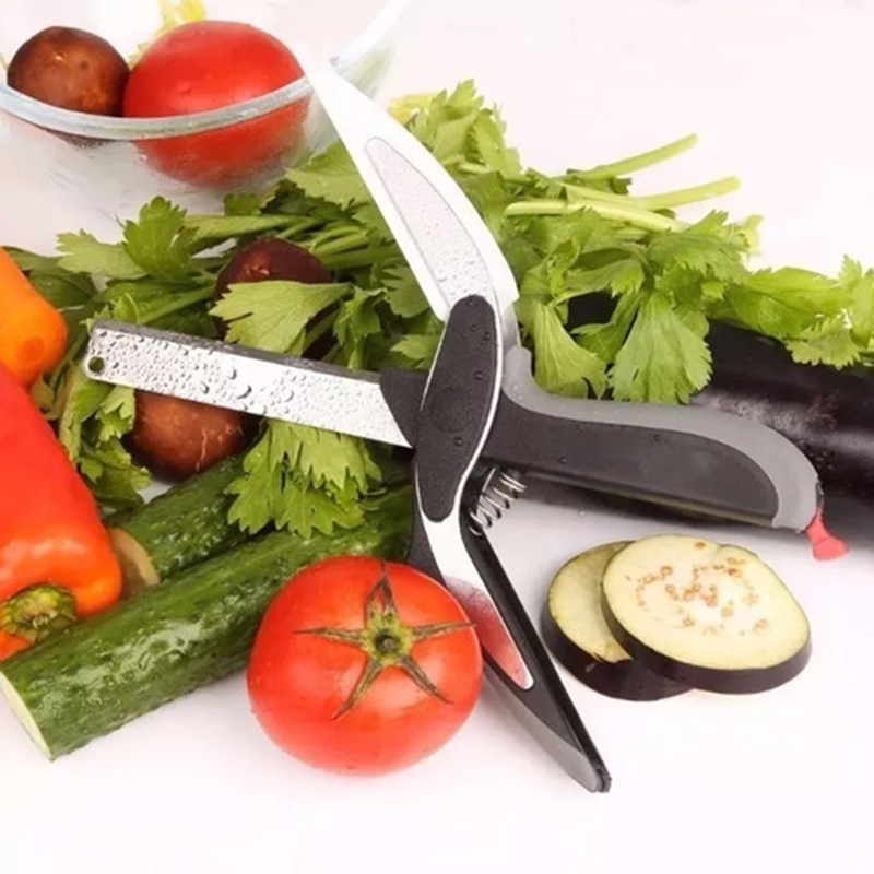 tesoura cortar legumes verduras tabua de corte picar fatiar 2 em 1 frutas clever cutter