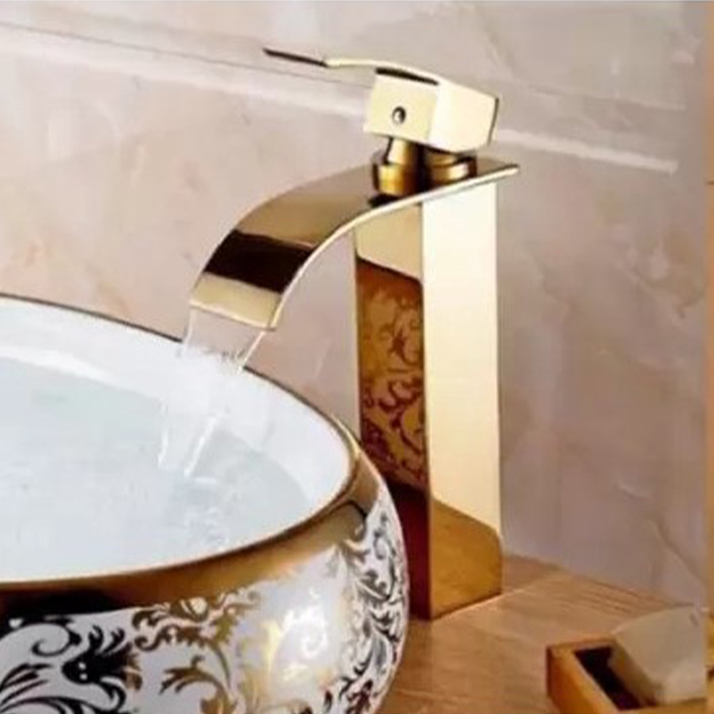 Torneira Cascata Inox Monocomando Dourado Banheiro Bancada Lavabo Mesa Agua Fria Quente Misturador Luxo