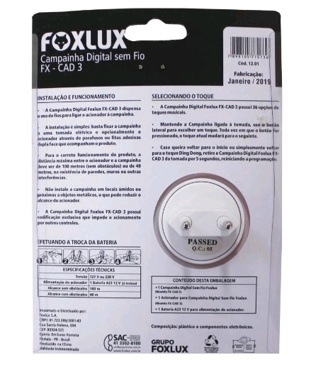 FOXLUX CAMPAINHA DIGITAL SEM FIO FX CAD3 1201