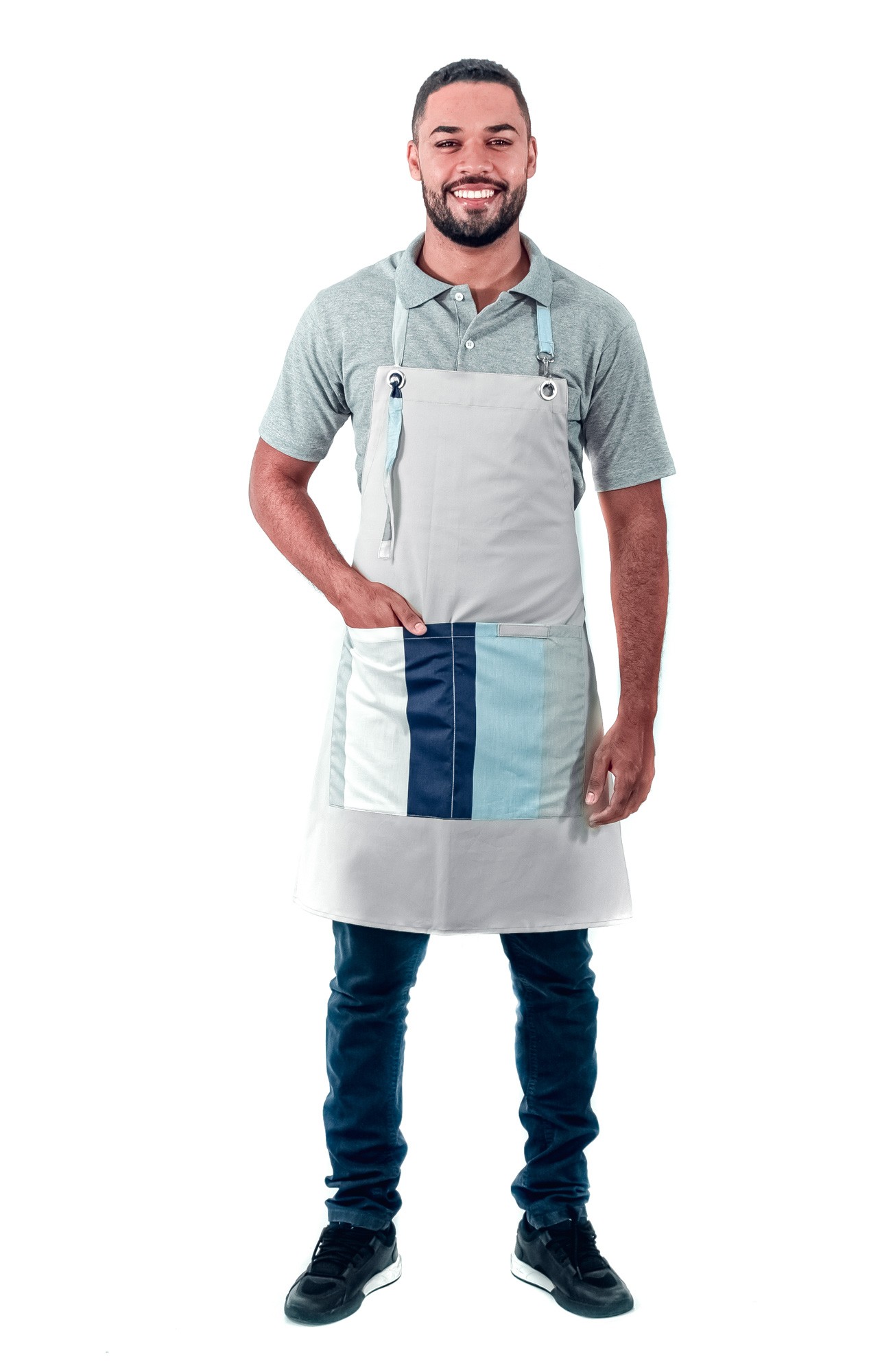 Antigo_Avental de Frente Masculino Sumaia Patrick, Com Bolsos e Regulagem Para Profissionais da Cozinha - Listra Azul