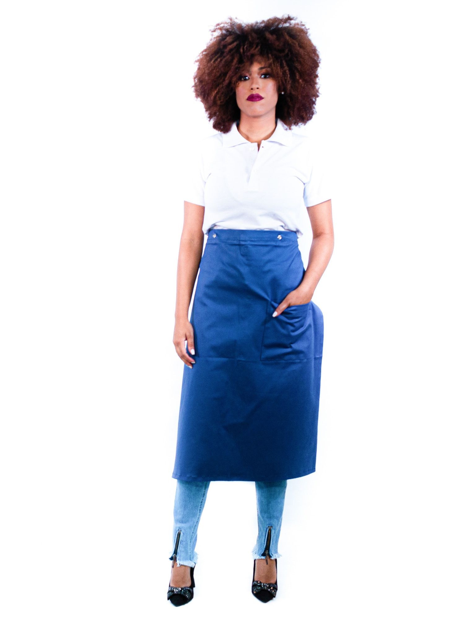 Antigo_Avental de Frente Feminino Sumaia Samia, 2 em 1 com peito removível Para Profissionais da Cozinha - Azul Índigo