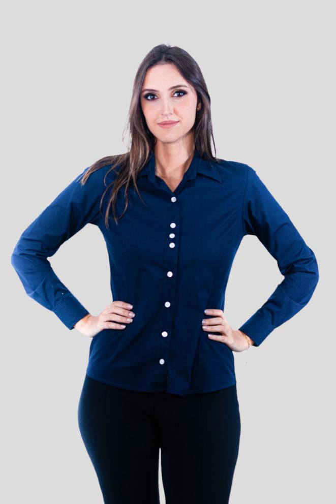Camisa Feminina Sumaia Catharina, Algodão com elastano e Manga Longa - Azul Marinho