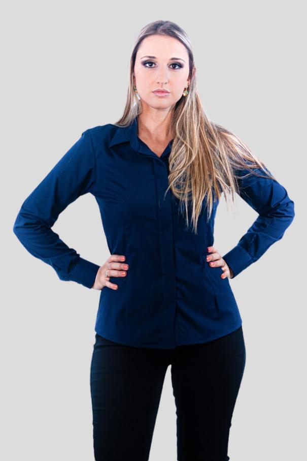 Camisa Feminina Sumaia Mariah, Algodão com elastano, Manga Longa e Abotoamento Escondido - Azul Marinho