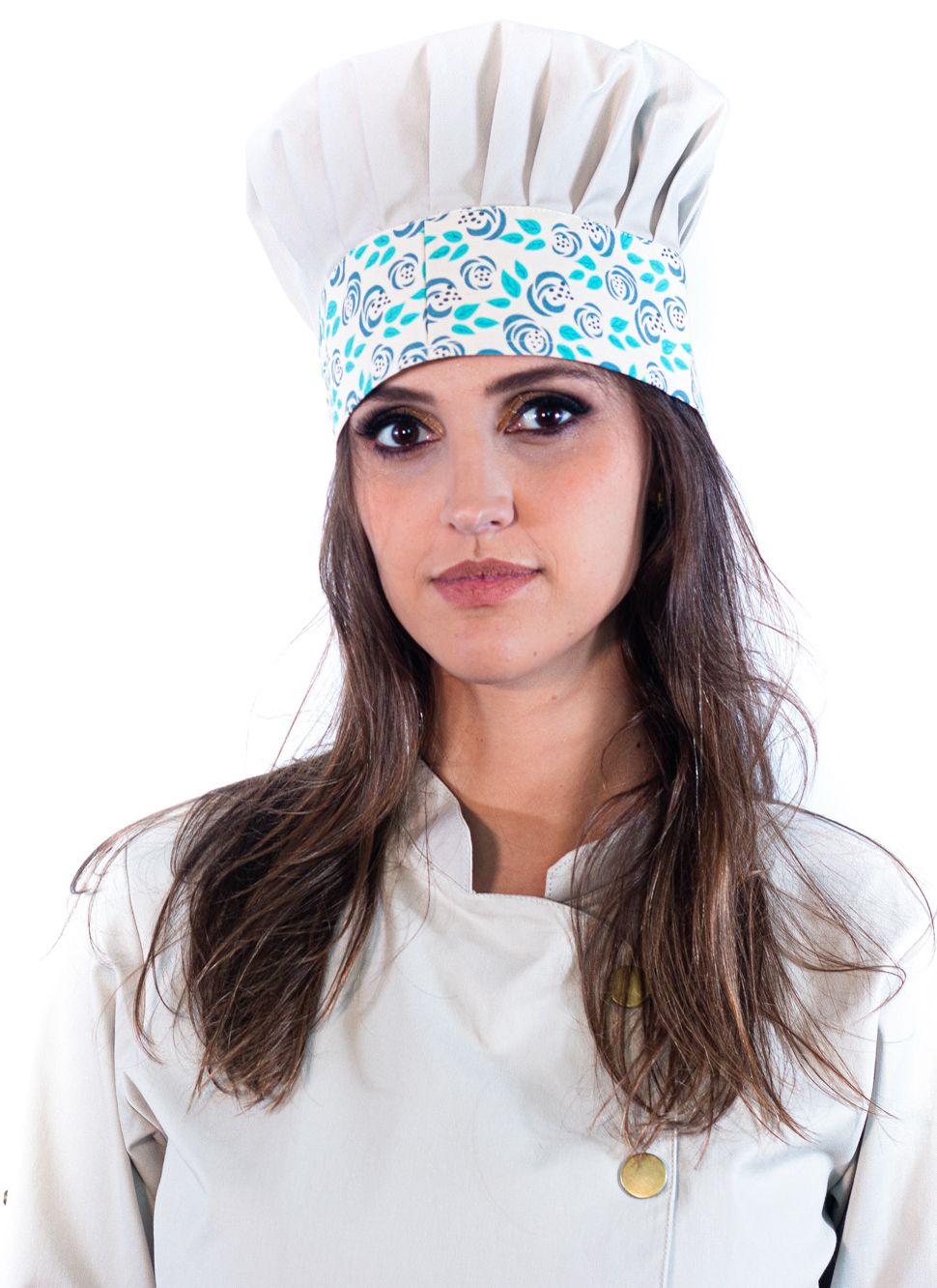Antigo_Mestre Cuca Feminino Sumaia Yasmin, Para Profissionais da Cozinha -  Bege + Floral Verde-Azul