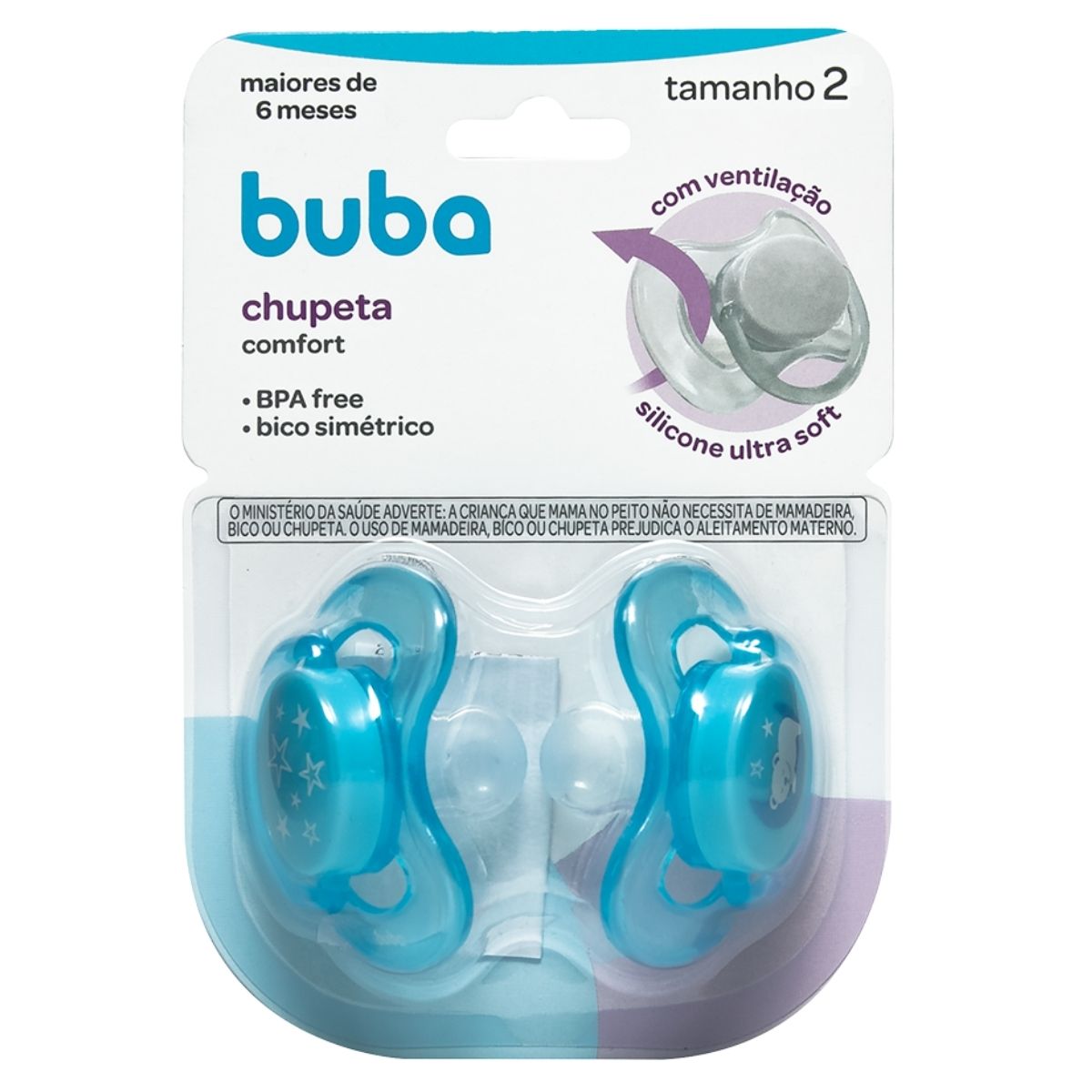 Kit 2 Chupetas Comfort Ursinho Azul Estrela Bebês Acima de 6m Tam2 Buba Baby