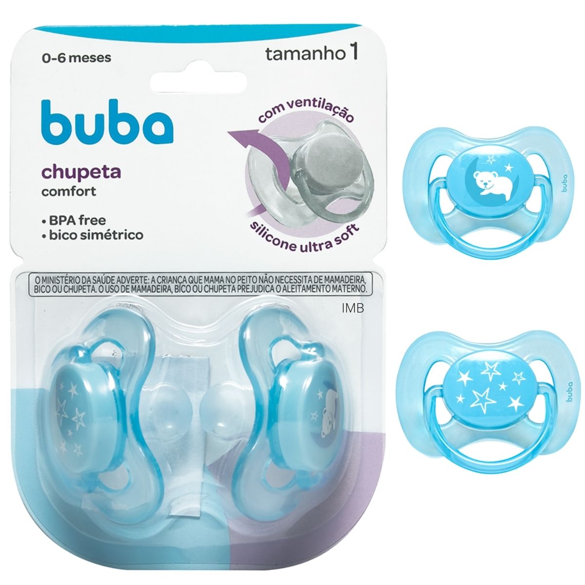 Kit 2 Chupetas Comfort Ursinho Azul Estrela Recem Nascido Tam1 (0-6M) Buba Baby