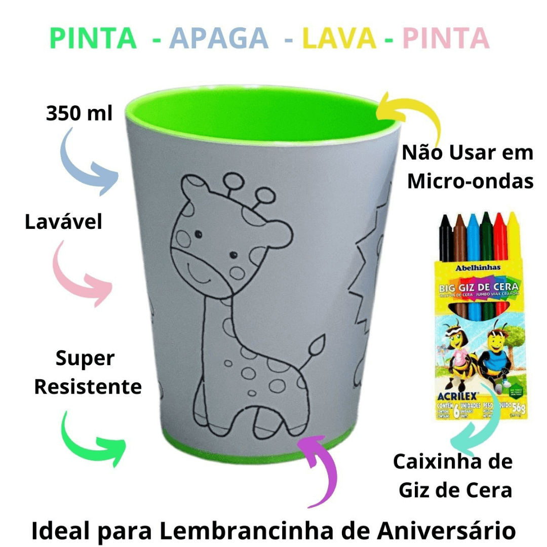 Lembrancinha Festa Infantil Copo P/ Colorir Com Giz De Cera Kit com 5 Tuby