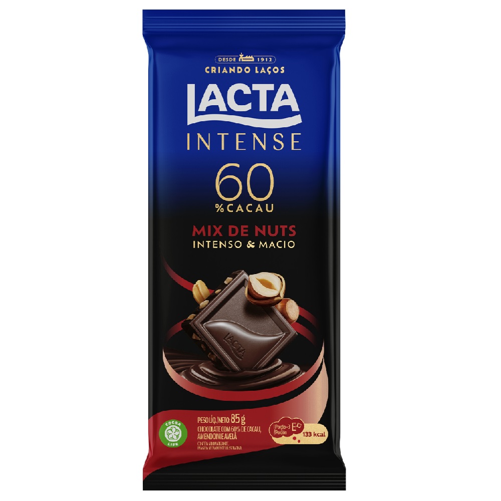 CHOCOLATE LACTA INTENSE 60% CACAU MIX DE NUTS 85G