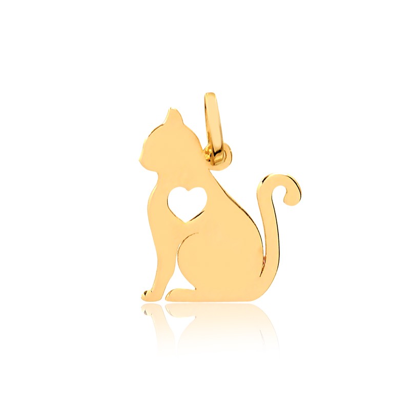 Pingente de Ouro Gato Coração Vazado Ouro 18k