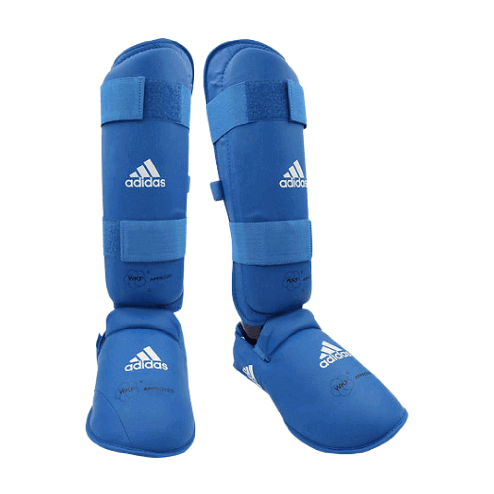 Caneleira Karatê Adidas Com Protetor de Pé Azul WKF Approved