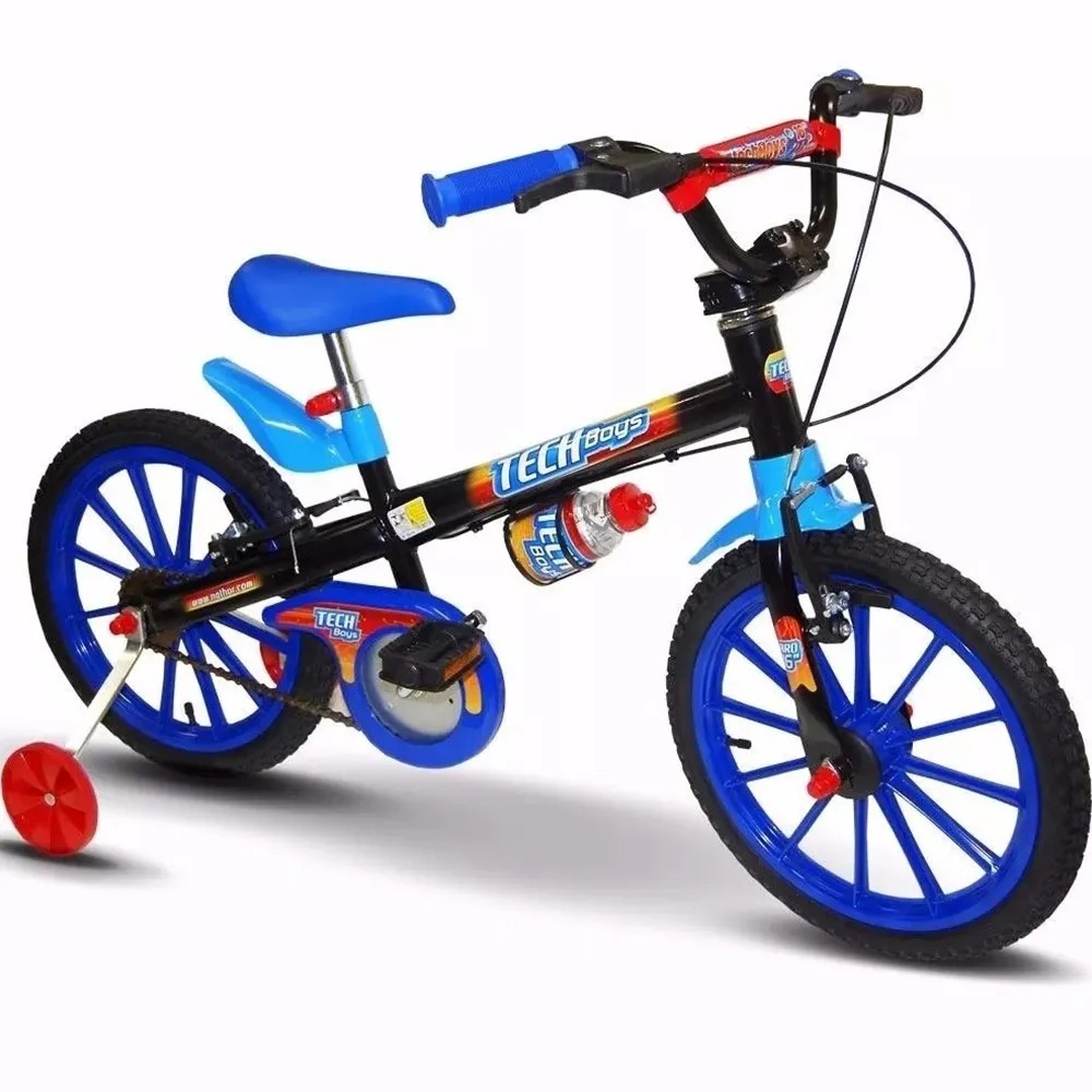 Bicicleta Infantil Aro 16 Tech Boys Azul e Preta com Rodinha