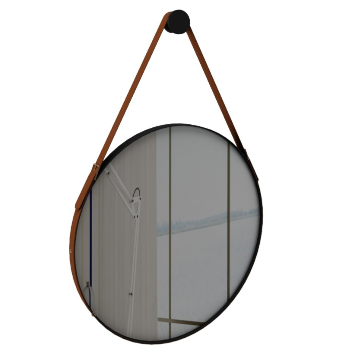 Espelho Suspenso de Parede para Banheiro 70cm Onix  em MDF Laqueado e Couro Sintético Marrom - IRIMAR