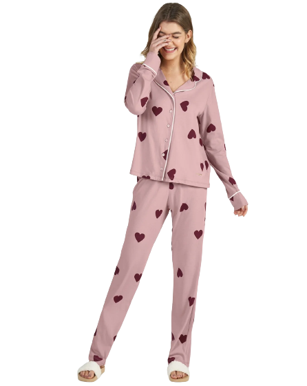 Pijama Feminino Inverno c/ Abertura de Botões Rosa Corações Cor Com Amor
