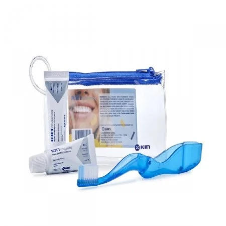Escova Dental para Viagem KIN - contém 2 x mini-creme dental branqueador 7g