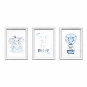 Trio de Quadros | Sonhe Alto Elefante e Balão Azul | 24x34