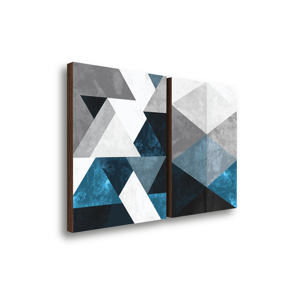 Fotografia de dois quadros com formas geométricas em tons de azul e preto