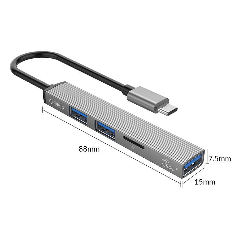 Hub de Alumínio 3 Portas USB +  TF - Tipo-C