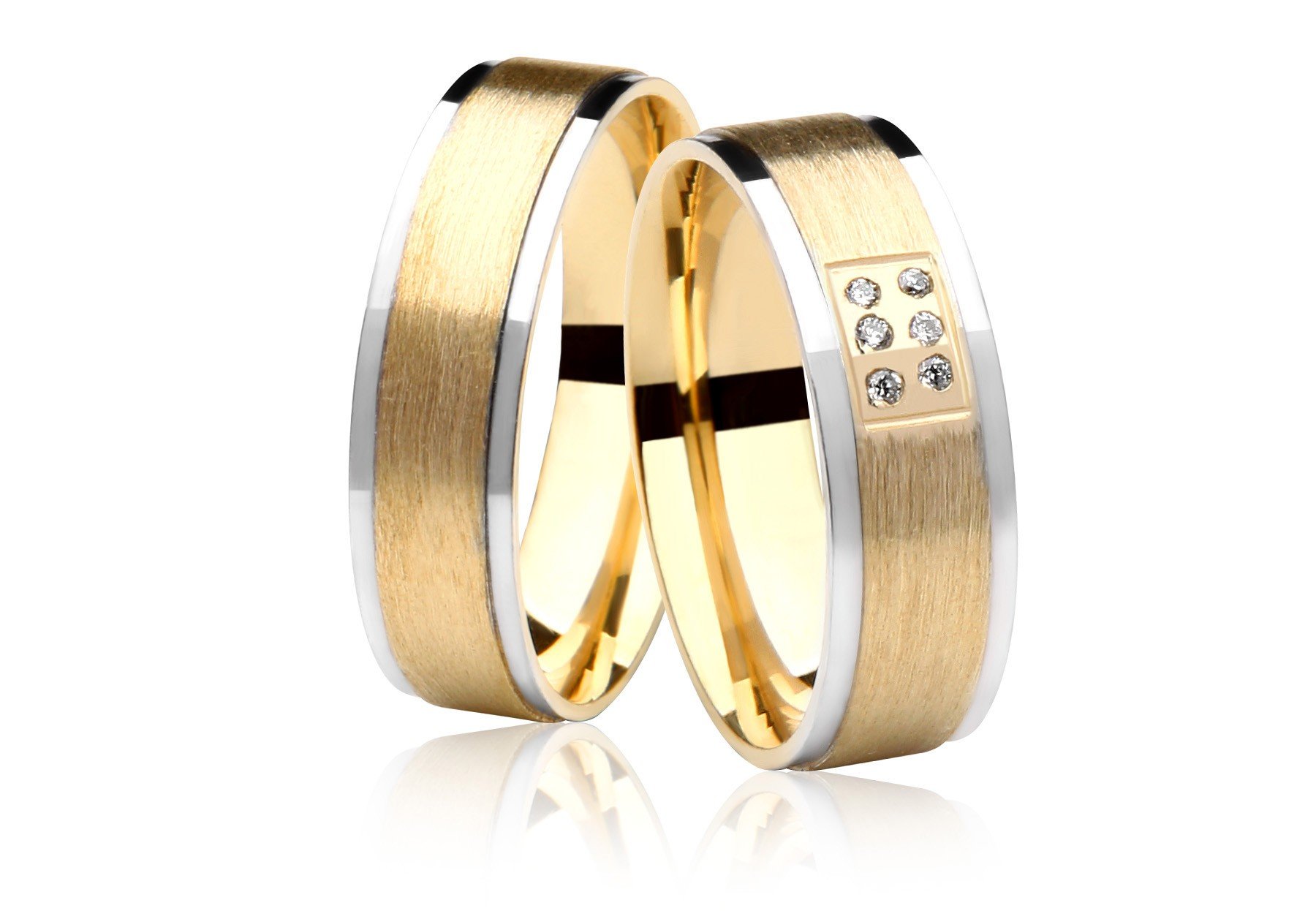 Aliança de Casamento Ouro Amarelo e Branco e 6 Pontos de Diamantes (6mm)