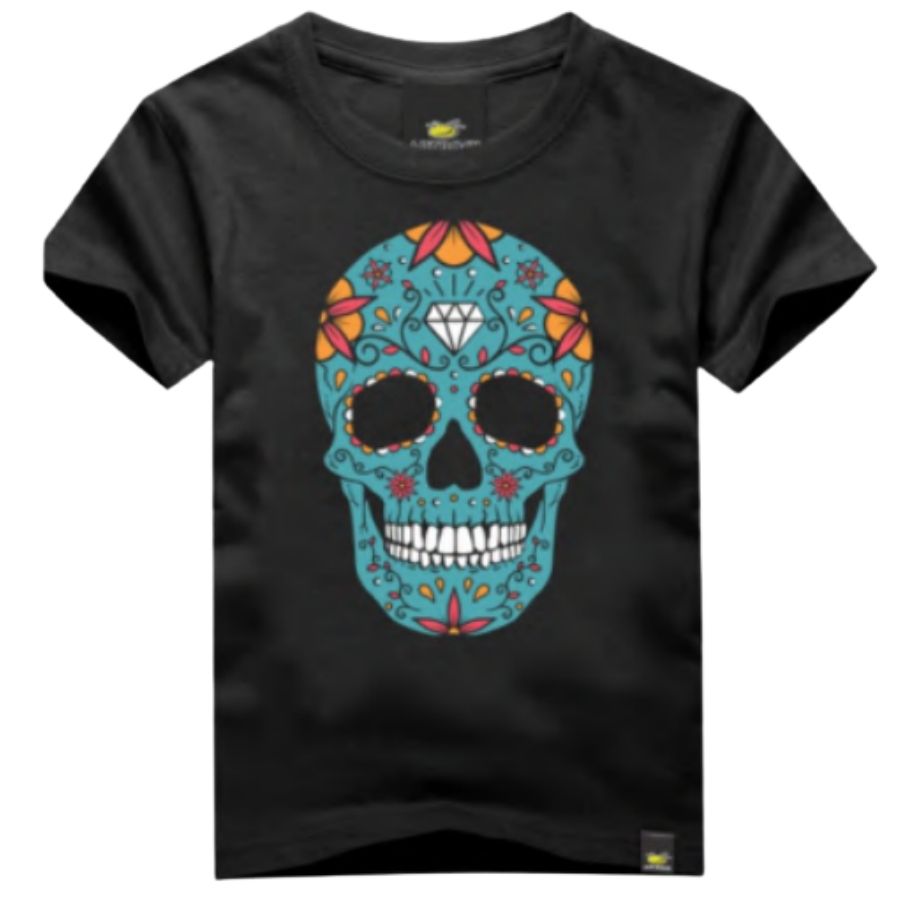 Camiseta Infantil Preta Caveira Mexicana colorida - Foto 0