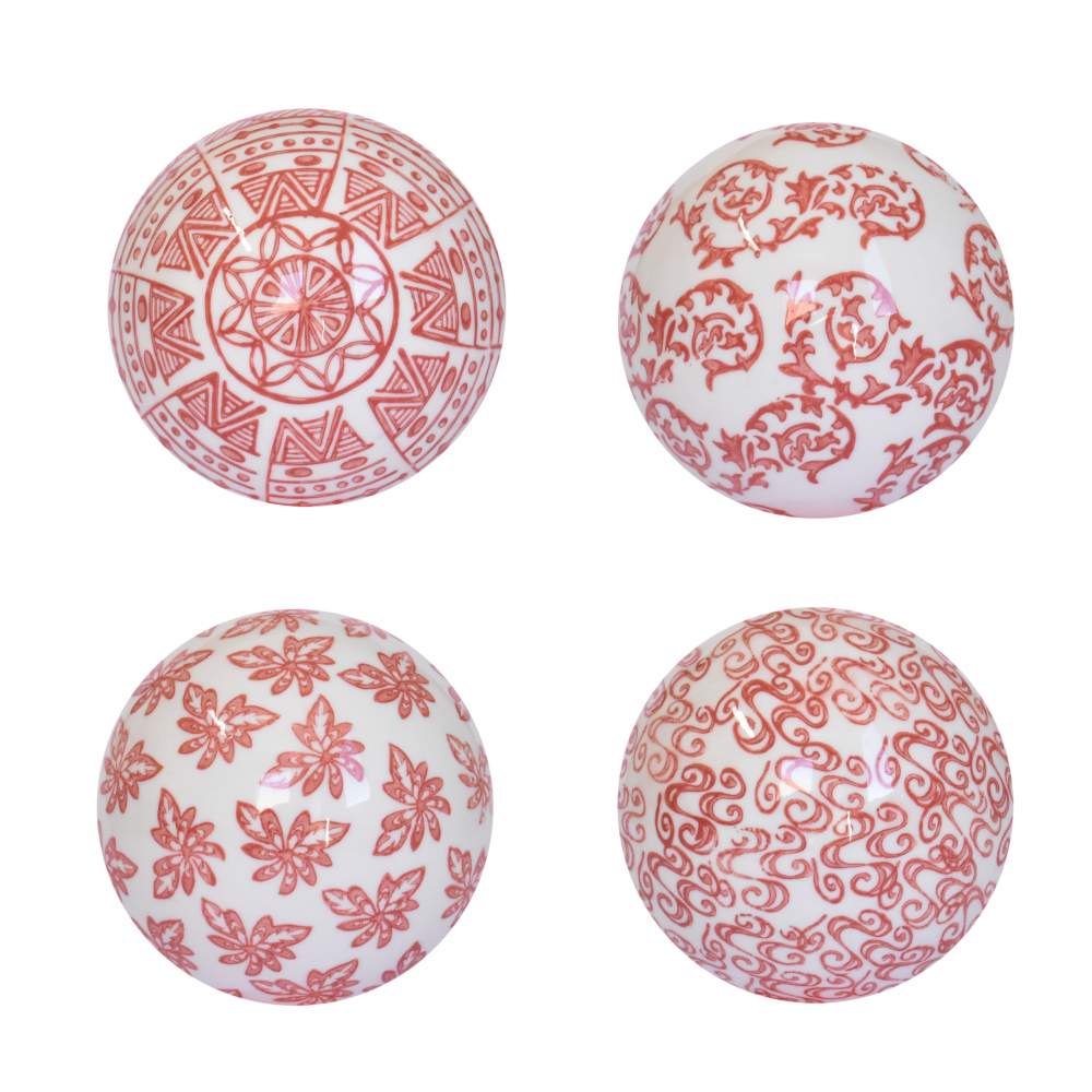 4 Bolas Decorativas de Porcelana Vermelhas e Brancas 10 Cm