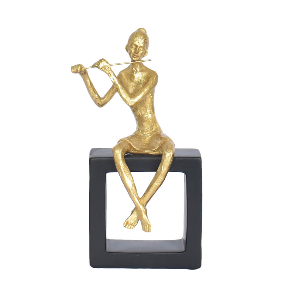 Estatueta Preta e Dourada Musicista Flauta 20,5 Cm