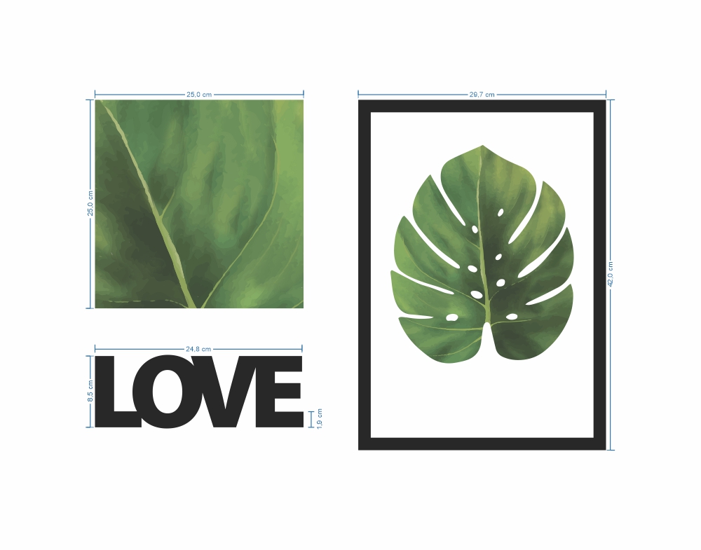 Kit decorativos - LOVE + quadros folhagem costela de adão