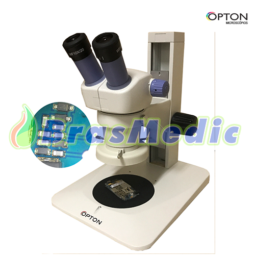 Microscópio Estereoscópico Binocular, Zoom de 0,7X até 3X , Aumento 7 X ~ 30X e Iluminação Refletida 8W Fluorescente. Código:TNE-02B