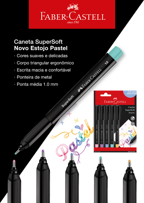 Canetas Hidrográficas Faber-Castell Supersoft 1.0 - 5 Cores Pastel