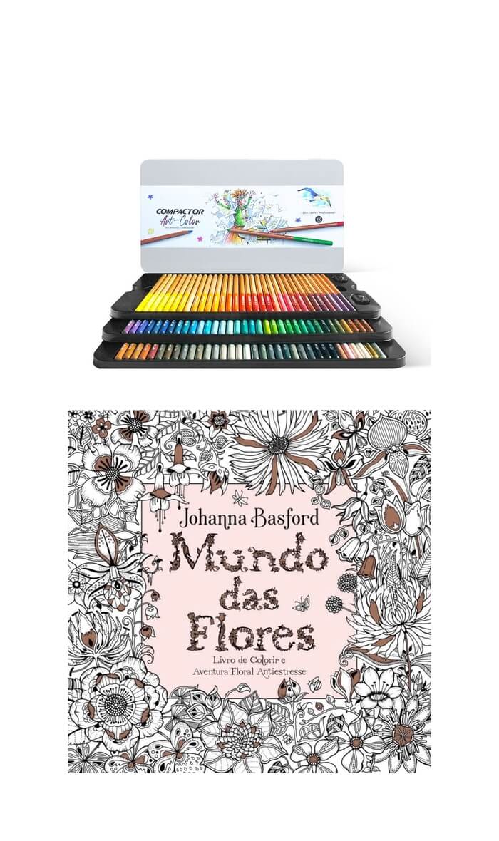 Kit - Livro para Colorir Antiestresse Mundo Das Flores + Lápis de Cor Profissional com 100 Cores Compactor Art Colors