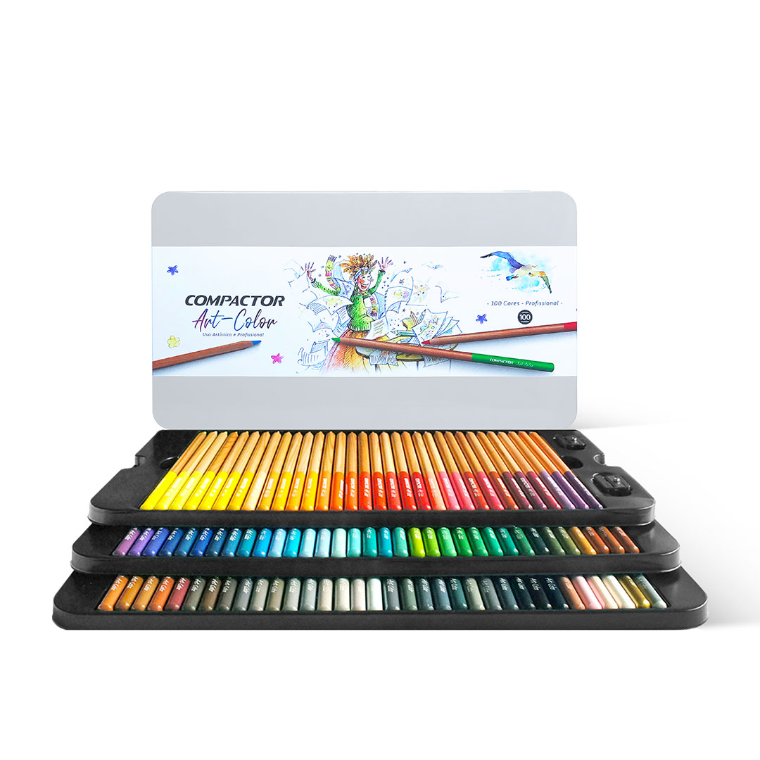 Lápis de Cor Compactor Art Colors 100 Cores + Livro para Colorir Floresta Encantada