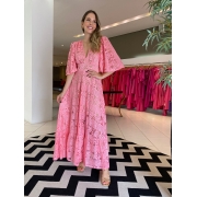 Vestido Pilar longo floral stripe Rosa -
