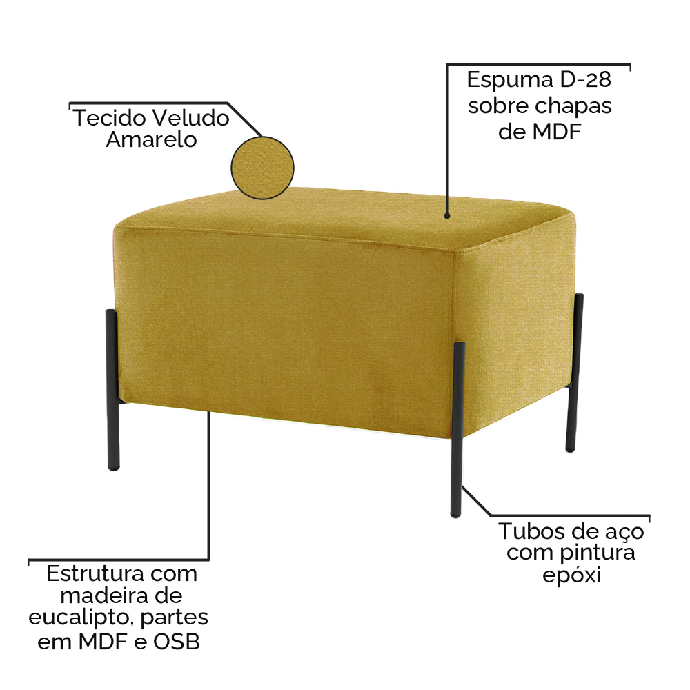 Puff Decorativo Status Base Preto Fosco Veludo Amarelo - CasaePoltrona