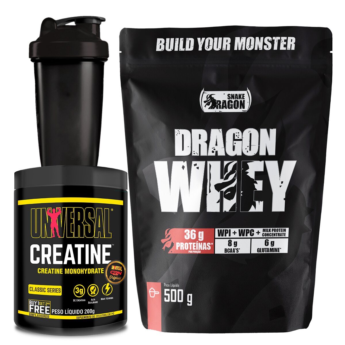 Kit Dragon Whey 500g + Creatina Universal 200g + coqueteleira