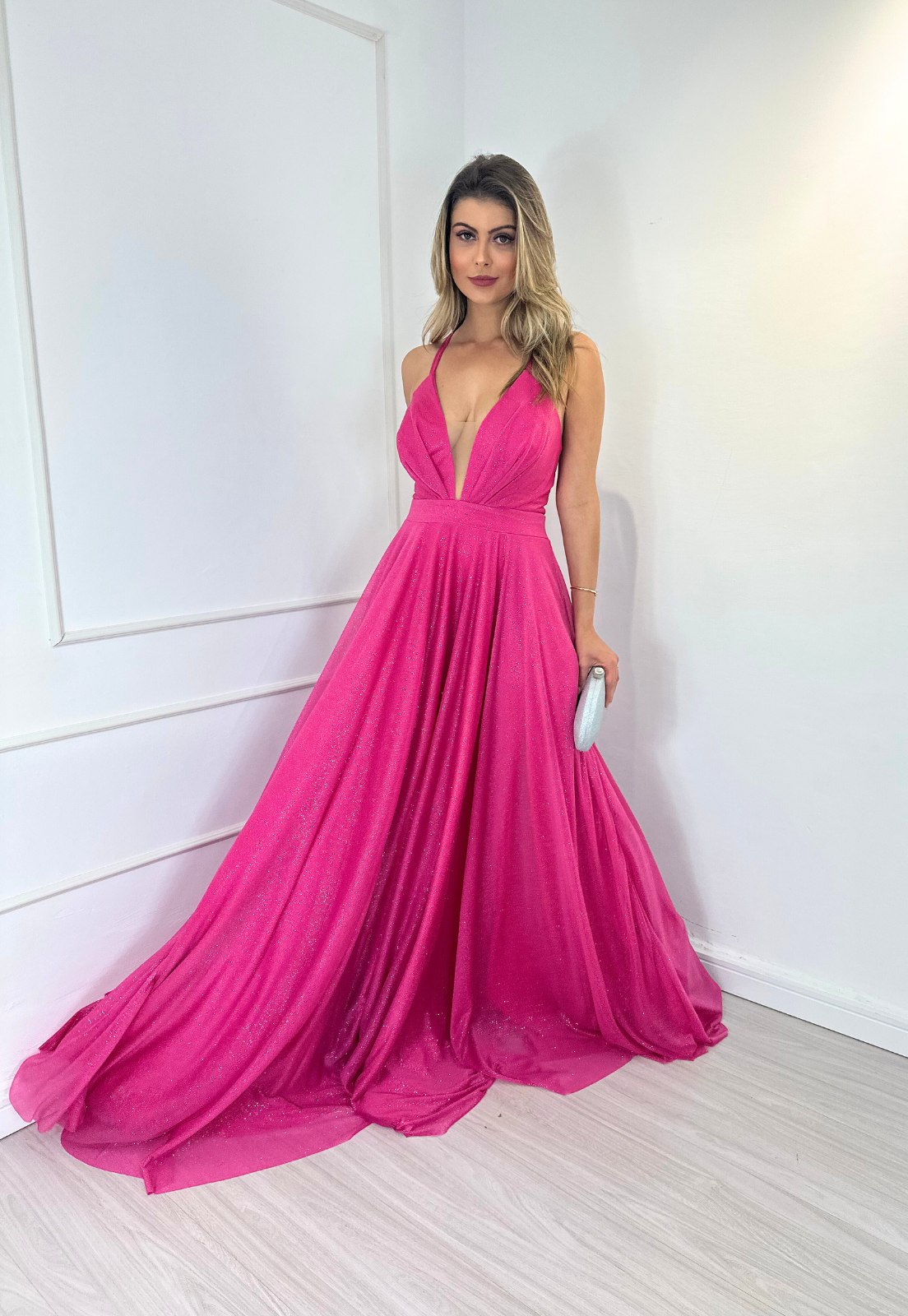Vestido Longo de Festa Premium para Madrinhas Eduarda Micro Tule Rosa Pink
