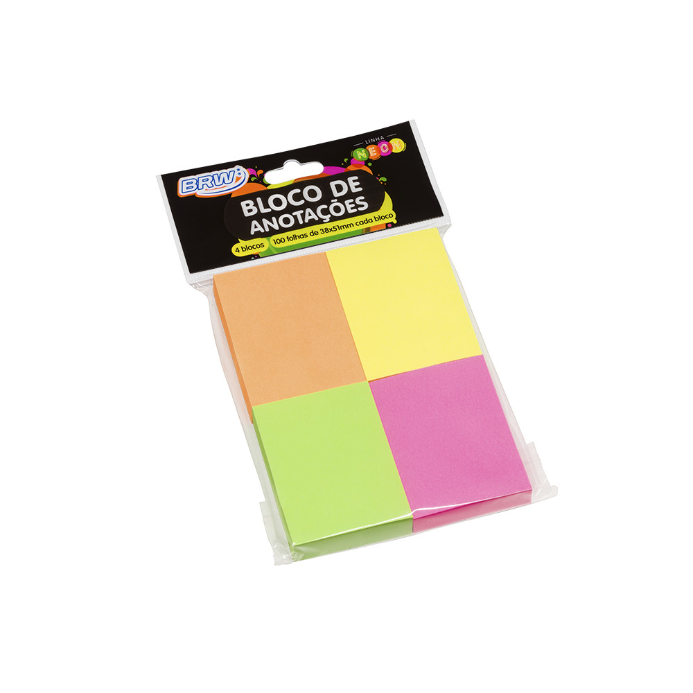 Bloco adesivo Smart Notes Colorido Neon 38x51mm 100 folhas 4 blocos BRW