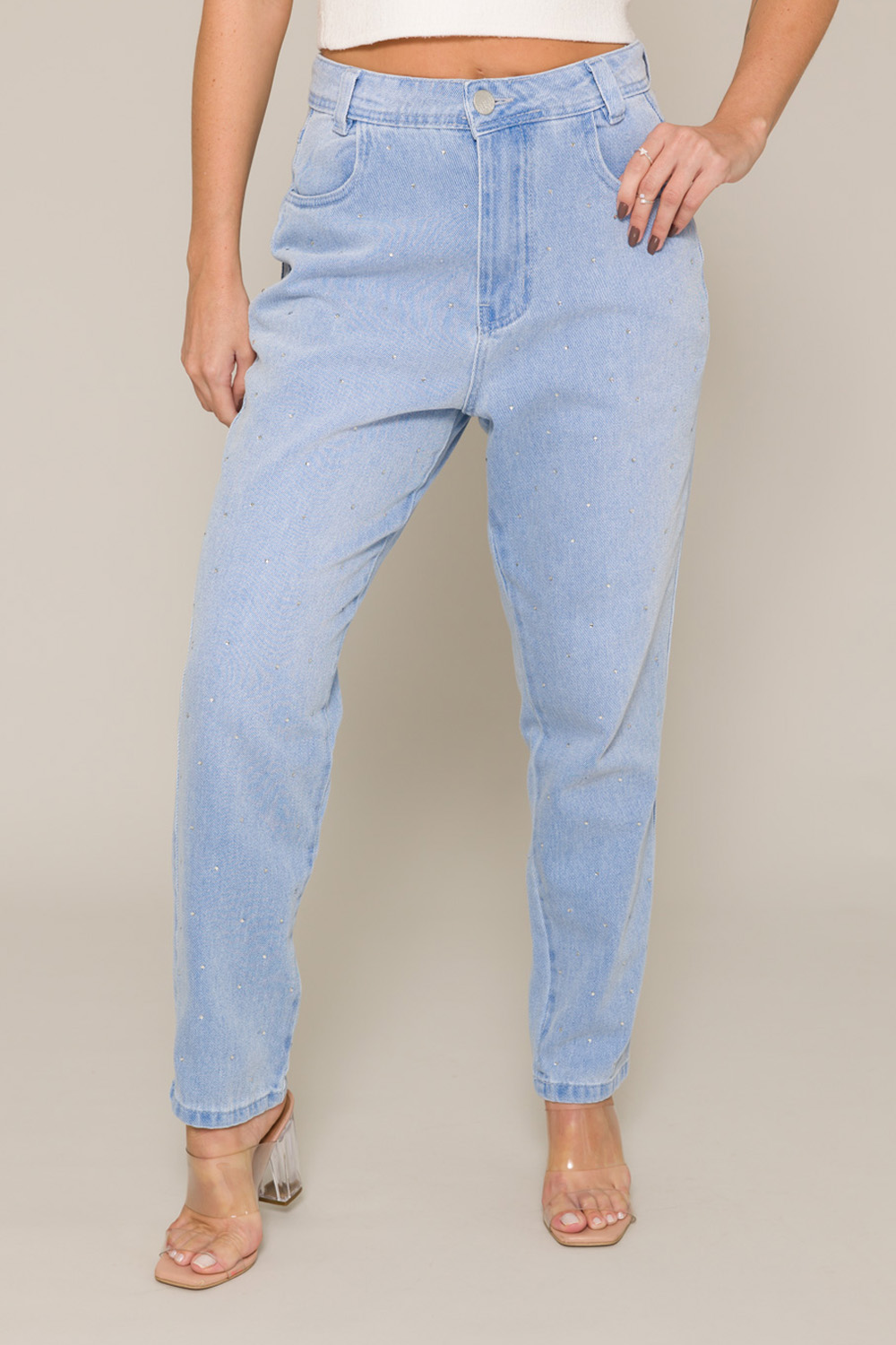 Calça Mom Cropped Brilhar - Jeans Super Claro