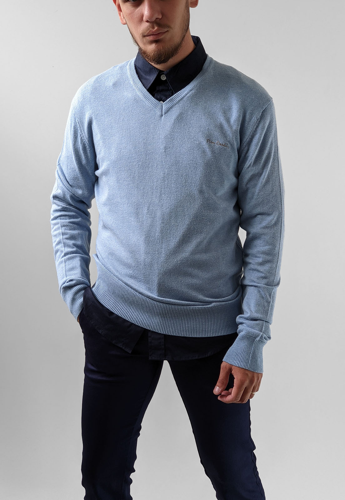 Suéter Tricot Pierre Cardin Básica Logo Azul Claro