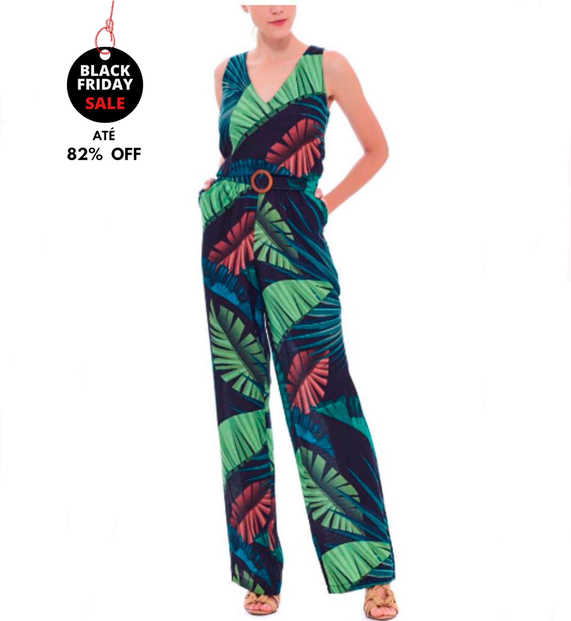 vestido macacao estampa folhagem tropical