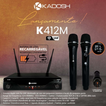 Microfone Kadosh Duplo S/Fio K-412M Bateria Recarregavel