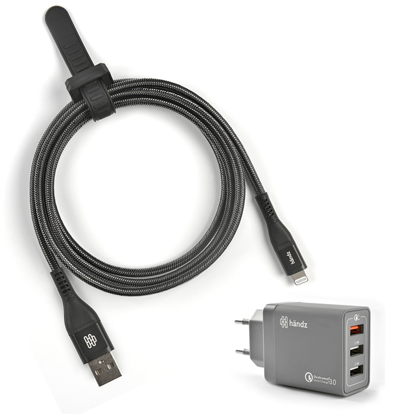 Cabo Lightning MFI ULTRA – Nylon 500D + Carregador de Parede – Quick Charge™ - 3 USB