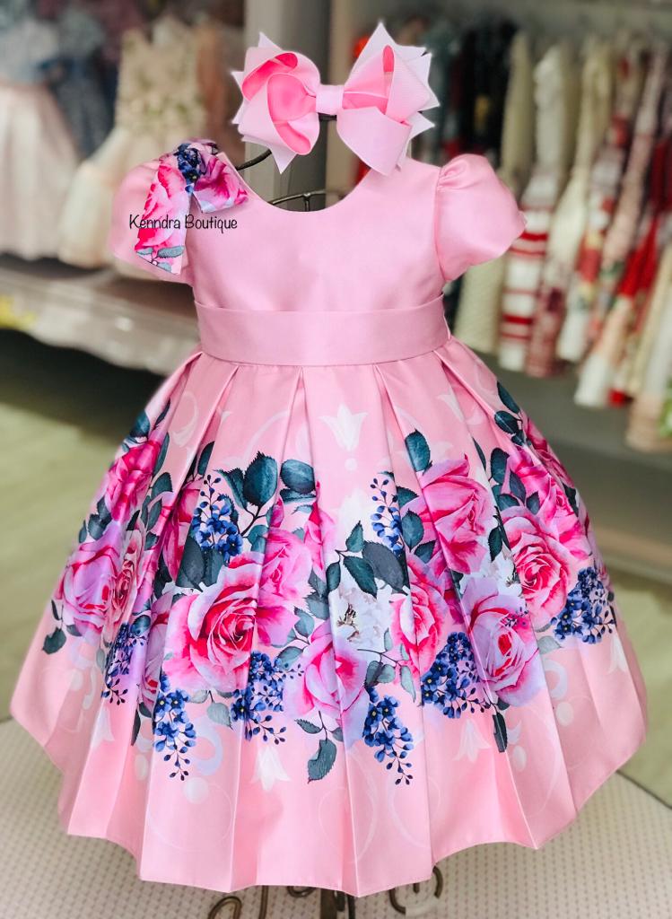 Vestido Kenndra Festa Infantil Corpo Curto- Floral Rosa
