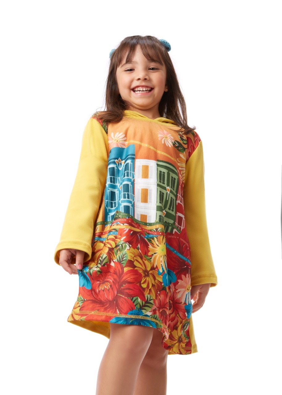 Vestido Infantil Floral com Capuz Moletinho Amarelo Camu-Camu 