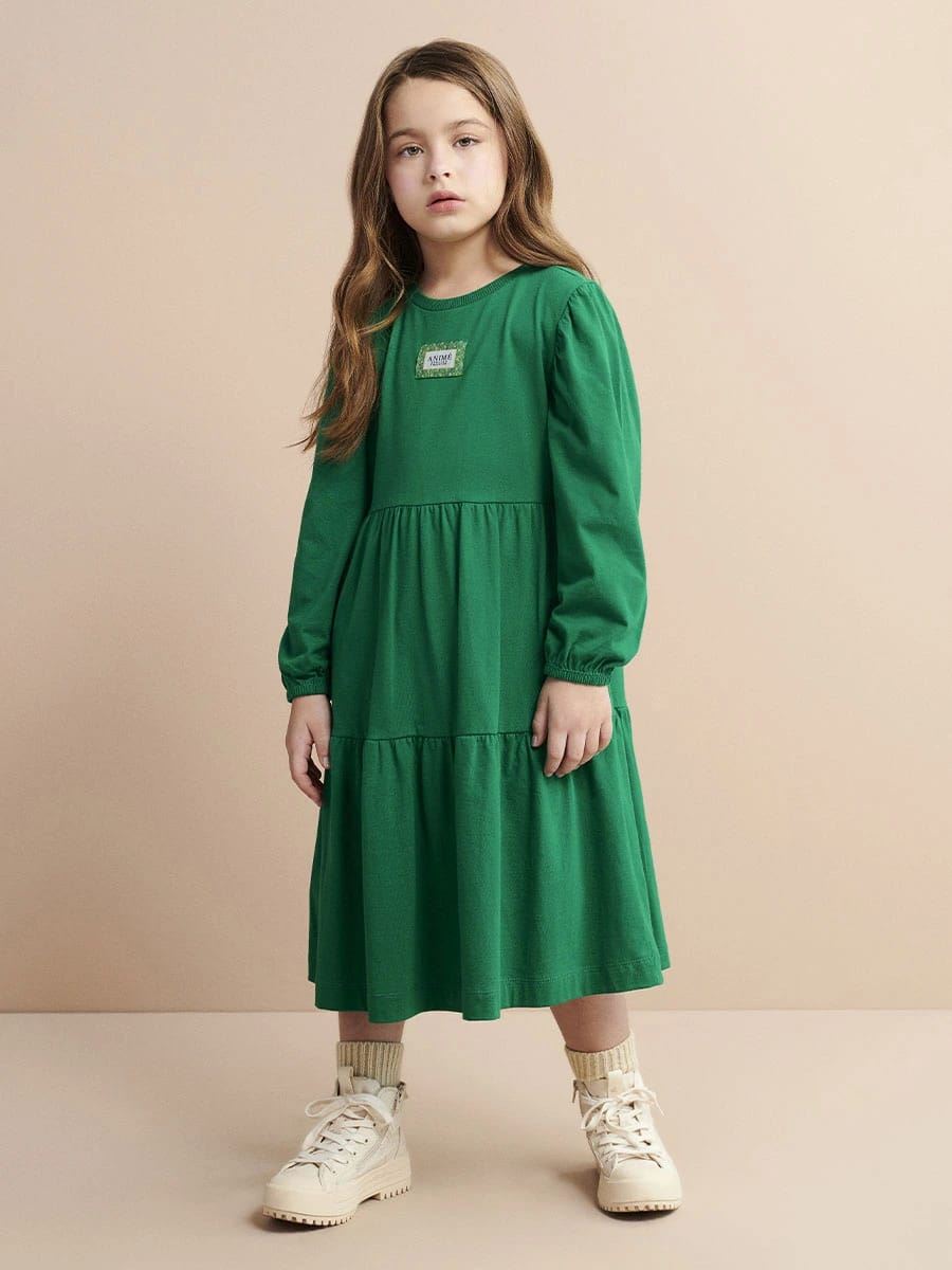 Vestido Infantil Três Marias Manga Longa Verde Animê