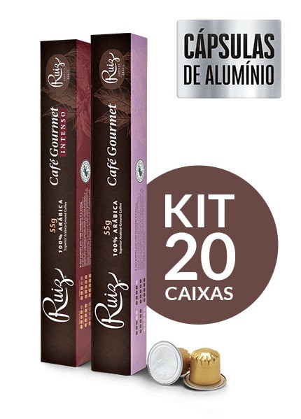 Kit com 10 caixas de Café Ruiz Gourmet + 10 caixas de Café Ruiz Gourmet Intenso - 200 cápsulas