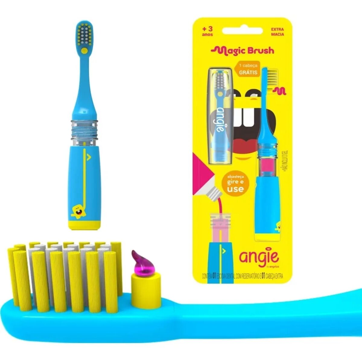 Kit Creme Dental E Escova Infantil Dosadora Angie Azul 5A+