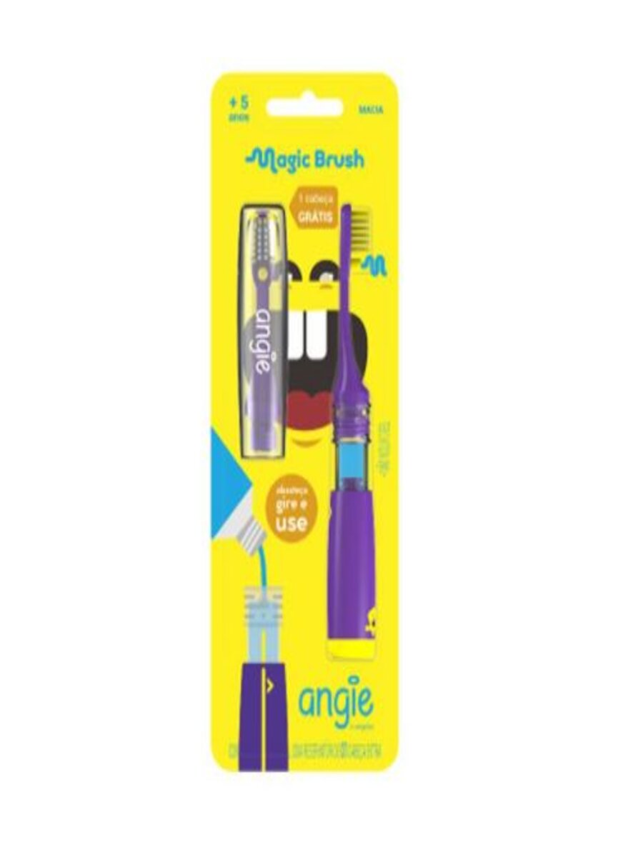 Kit Dental Timer Creme Dental E Escova Infantil Dosadora Angie Roxa 5A+