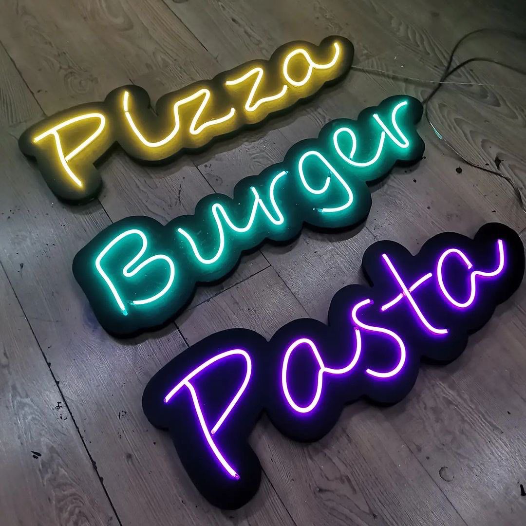 Letreiro em Neon Pizza, Burguer e Pasta