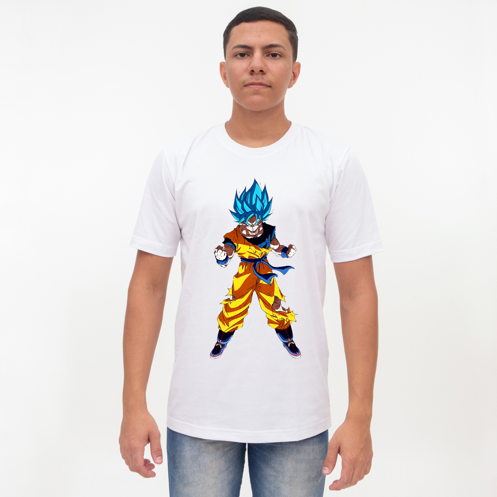 Camiseta Básica 100% Algodão Estampada - Goku SSJ Blue - P M G GG D'LUJO  Estampadas ROUPA ADULTO MASCULINO DO P AO G5 BÁSICA GOLA REDONDA