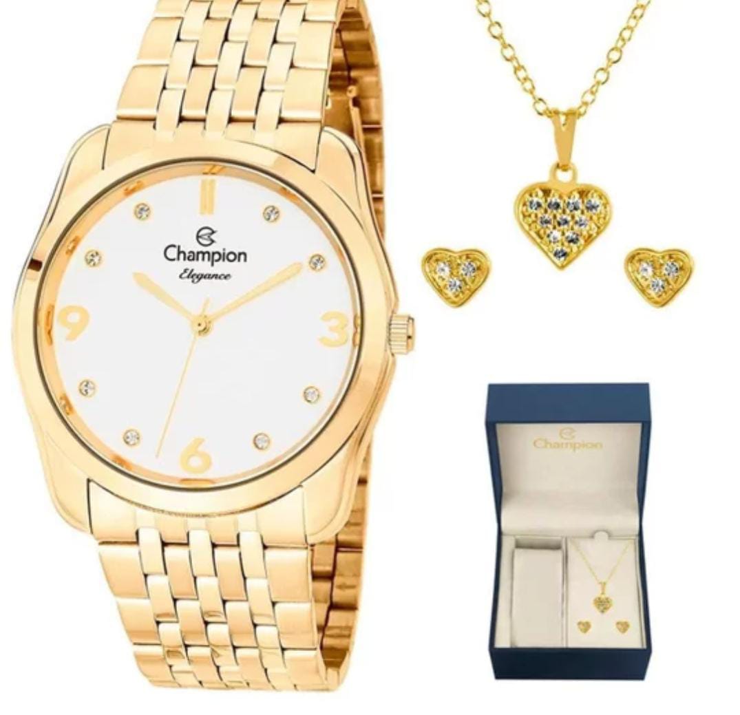 Relógio Champion Dourado Feminino + Kit Semijoias - Elegance - CN25341W - Dourado