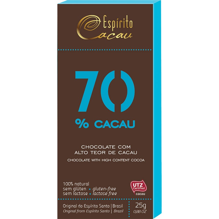 Tablete chocolate 70% cacau  - 25g - caixa c/ 10 un.